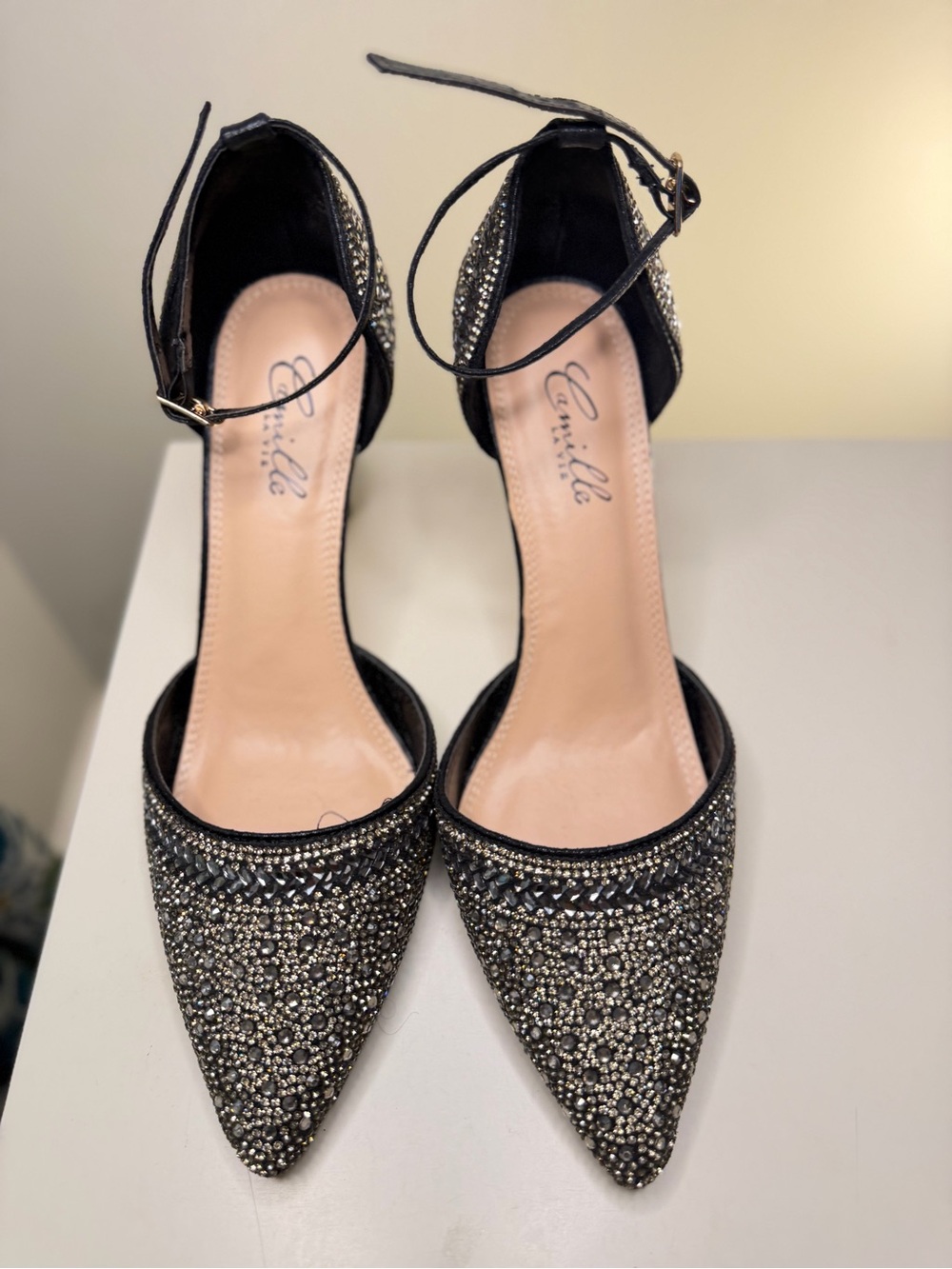Camille La Vie Black Rhinestone-Embellished Pointed Toe Ankle Strap Heels